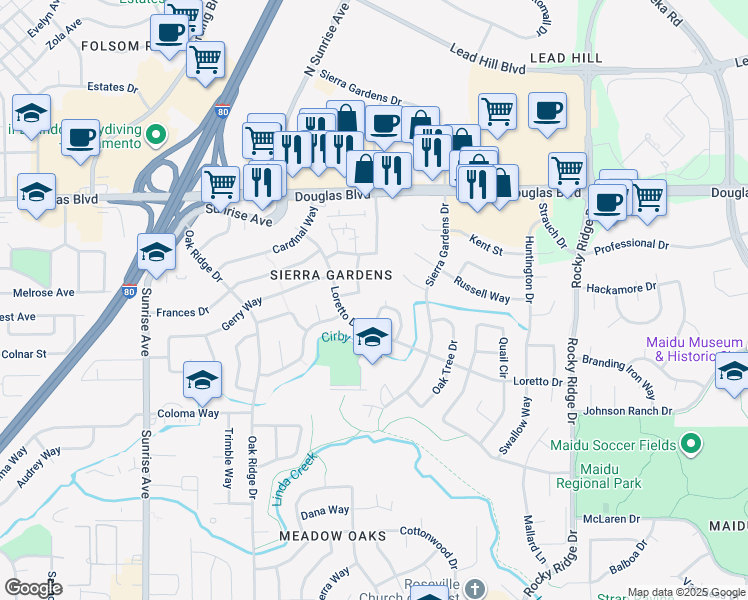 map of restaurants, bars, coffee shops, grocery stores, and more near 1604 Kit Carson Way in Roseville
