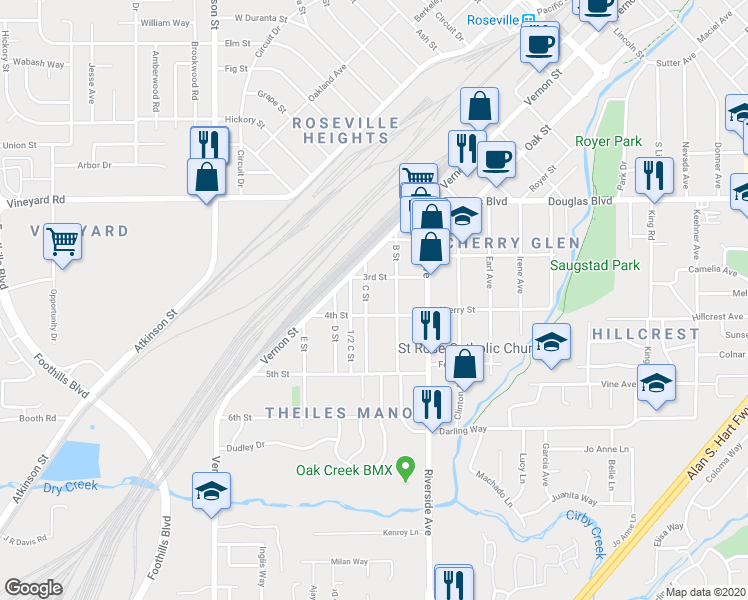 map of restaurants, bars, coffee shops, grocery stores, and more near 211 C Street in Roseville