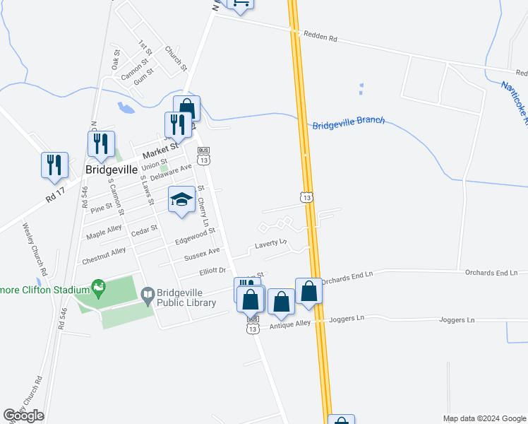 map of restaurants, bars, coffee shops, grocery stores, and more near 200 Canterbury Apartment in Bridgeville