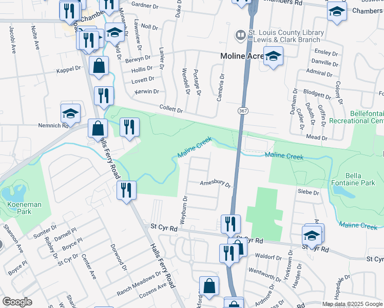 map of restaurants, bars, coffee shops, grocery stores, and more near 2401 Springhill Lane in St. Louis