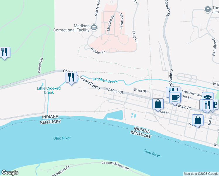 map of restaurants, bars, coffee shops, grocery stores, and more near 1212 Ohio River Scenic Byway in Madison