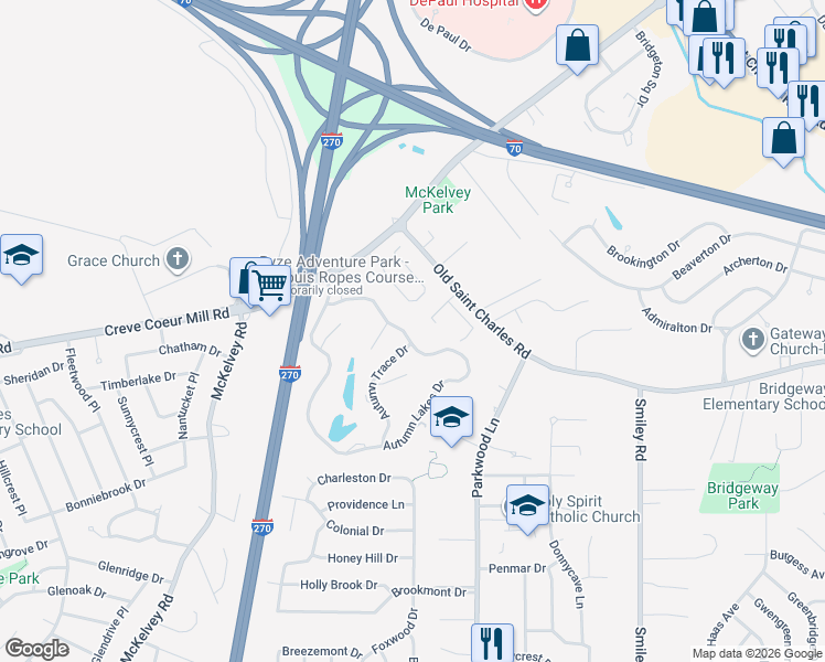 map of restaurants, bars, coffee shops, grocery stores, and more near 3101 Autumn Shores Drive in Maryland Heights