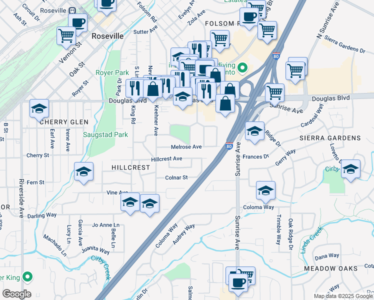 map of restaurants, bars, coffee shops, grocery stores, and more near 1020 Melrose Avenue in Roseville
