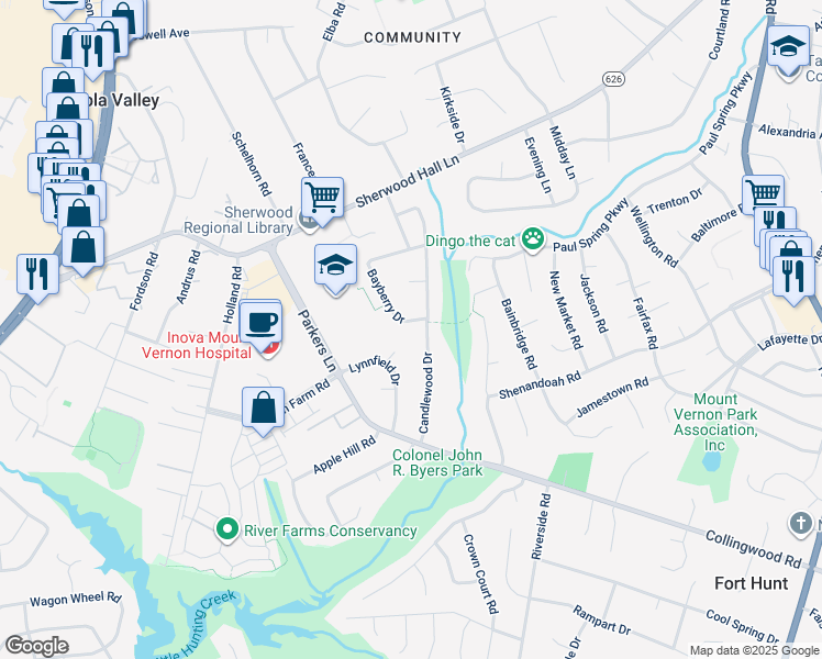 map of restaurants, bars, coffee shops, grocery stores, and more near 7936 Bayberry Drive in Alexandria