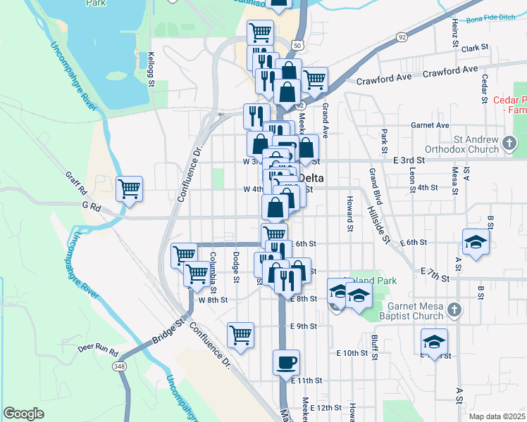 map of restaurants, bars, coffee shops, grocery stores, and more near 145 West 5th Street in Delta