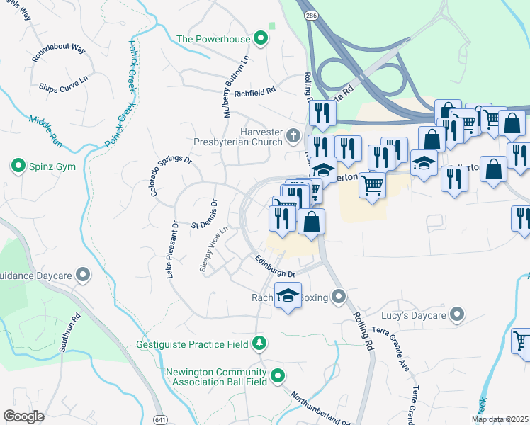 map of restaurants, bars, coffee shops, grocery stores, and more near 8001 Revenna Lane in Springfield