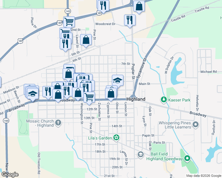 map of restaurants, bars, coffee shops, grocery stores, and more near 1316 Main Street in Highland
