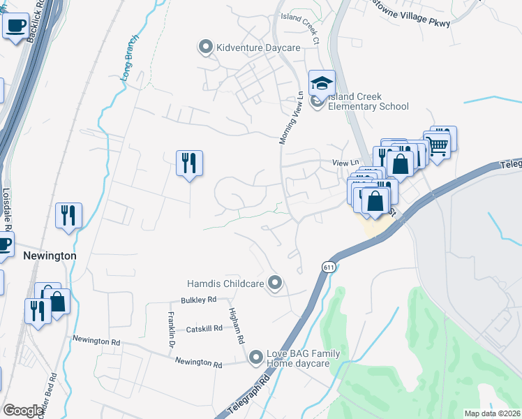 map of restaurants, bars, coffee shops, grocery stores, and more near 6770 Morning Ride Circle in Alexandria