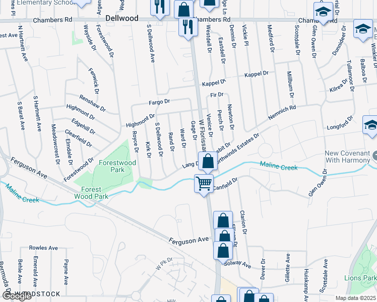 map of restaurants, bars, coffee shops, grocery stores, and more near 320 Ward Drive in Saint Louis