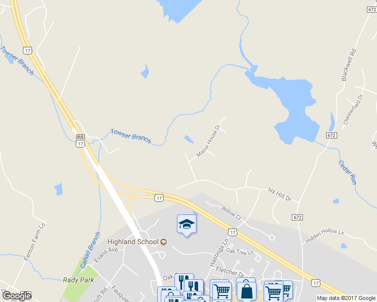 map of restaurants, bars, coffee shops, grocery stores, and more near 7177 Homestead Court in Warrenton