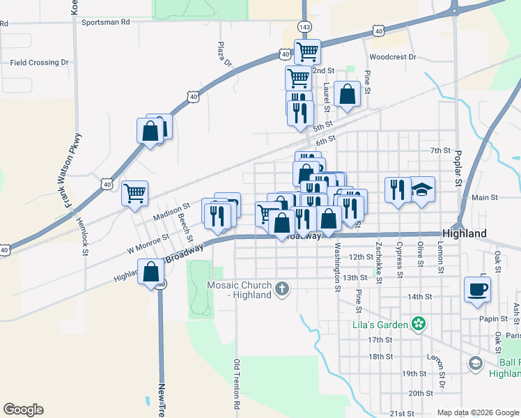 map of restaurants, bars, coffee shops, grocery stores, and more near 609 Main Street in Highland