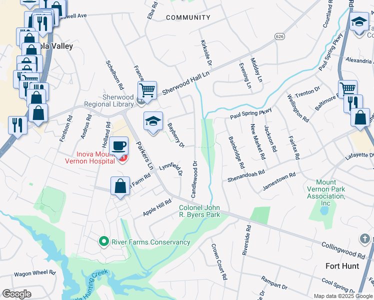 map of restaurants, bars, coffee shops, grocery stores, and more near 7936 Bayberry Drive in Alexandria