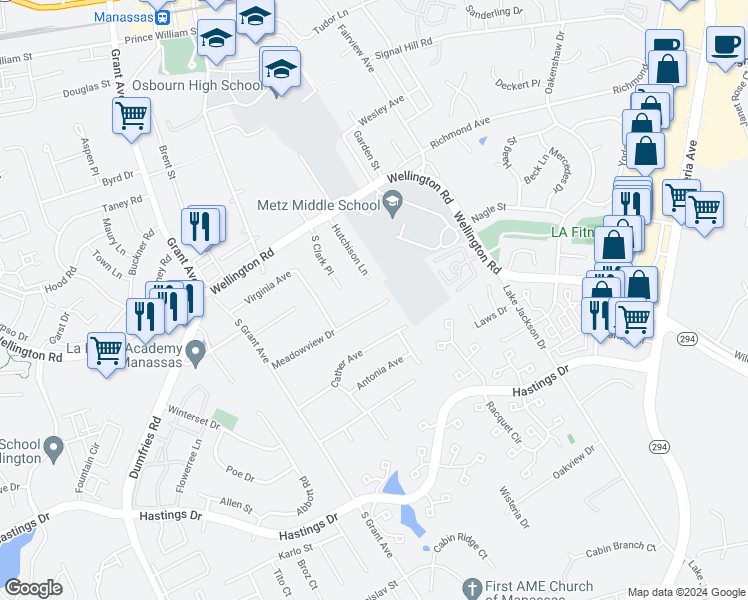 map of restaurants, bars, coffee shops, grocery stores, and more near 8974 Meadowview Drive in Manassas