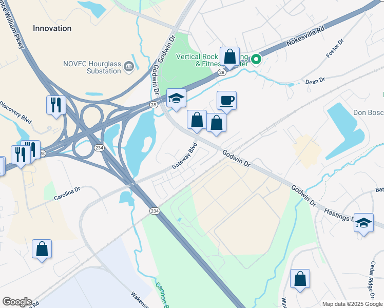 map of restaurants, bars, coffee shops, grocery stores, and more near 10442 Ratcliffe Trail in Manassas
