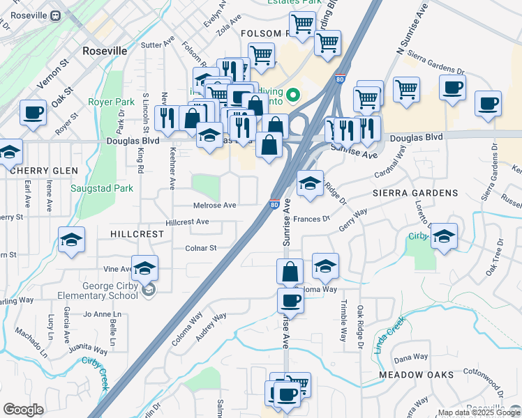 map of restaurants, bars, coffee shops, grocery stores, and more near 1116 Melrose Avenue in Roseville