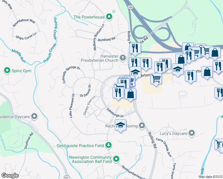 map of restaurants, bars, coffee shops, grocery stores, and more near 8001 Revenna Lane in Springfield