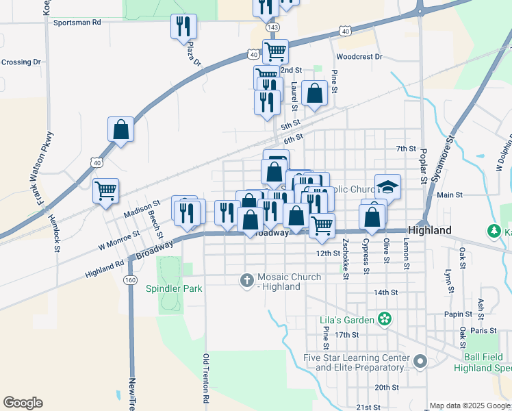 map of restaurants, bars, coffee shops, grocery stores, and more near 717 Main Street in Highland