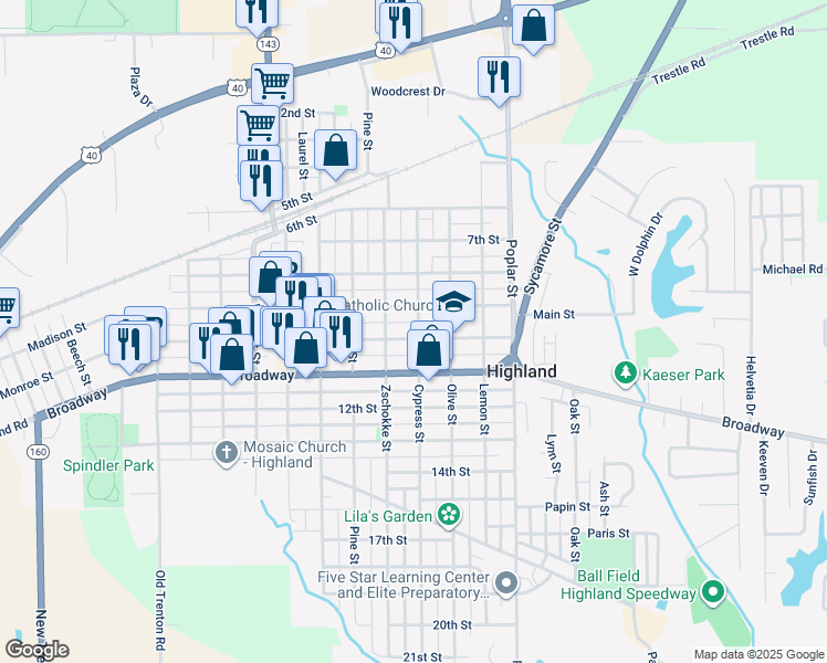 map of restaurants, bars, coffee shops, grocery stores, and more near 1205 Main Street in Highland
