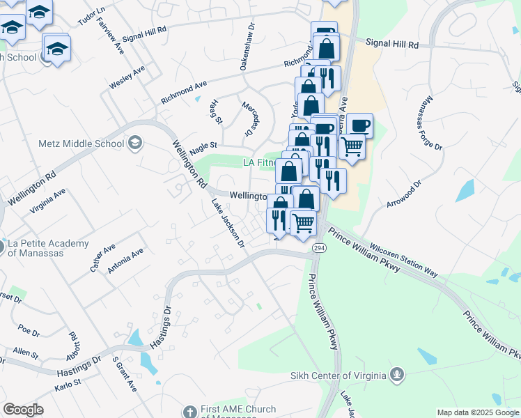map of restaurants, bars, coffee shops, grocery stores, and more near 10016 Wellington Road in Manassas