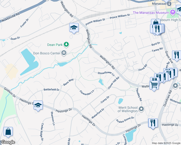 map of restaurants, bars, coffee shops, grocery stores, and more near 9346 Gloxinia Way in Manassas