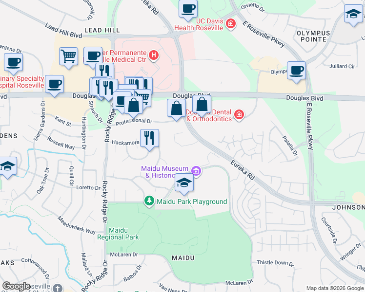 map of restaurants, bars, coffee shops, grocery stores, and more near 101 Sterling Court in Roseville