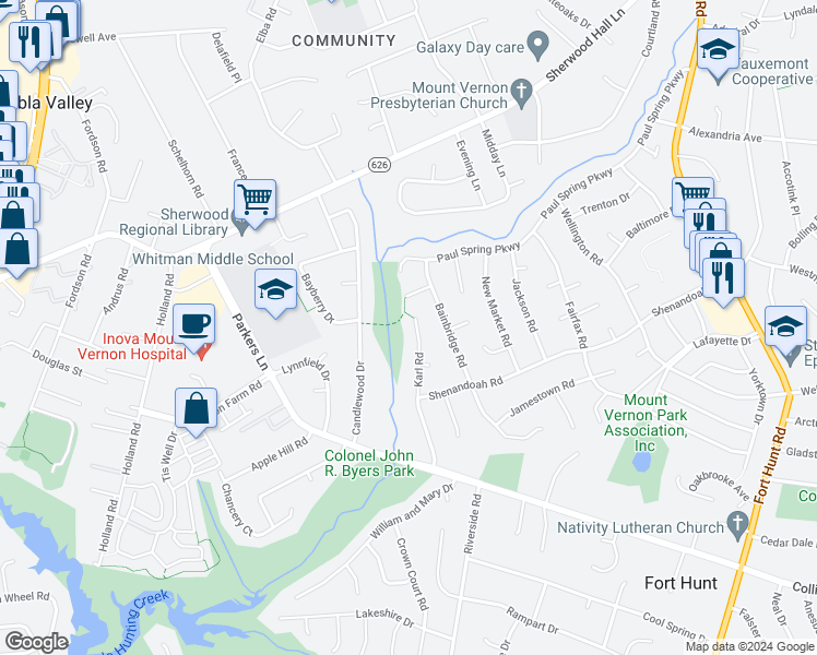 map of restaurants, bars, coffee shops, grocery stores, and more near 8000 Karl Road in Alexandria