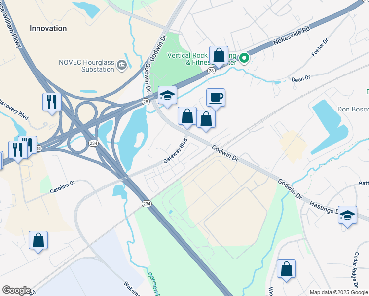 map of restaurants, bars, coffee shops, grocery stores, and more near 10414 Ratcliffe Trail in Manassas