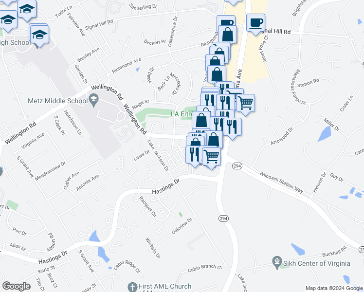 map of restaurants, bars, coffee shops, grocery stores, and more near 10016 Wellington Road in Manassas