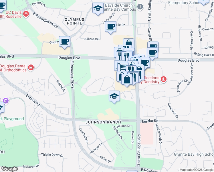 map of restaurants, bars, coffee shops, grocery stores, and more near 8800 Sierra College Boulevard in Roseville