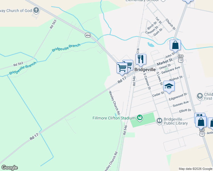 map of restaurants, bars, coffee shops, grocery stores, and more near 7437 Federalsburg Road in Bridgeville