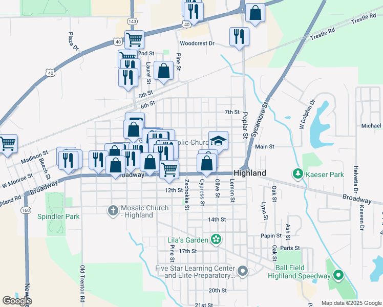 map of restaurants, bars, coffee shops, grocery stores, and more near 1205 Main Street in Highland