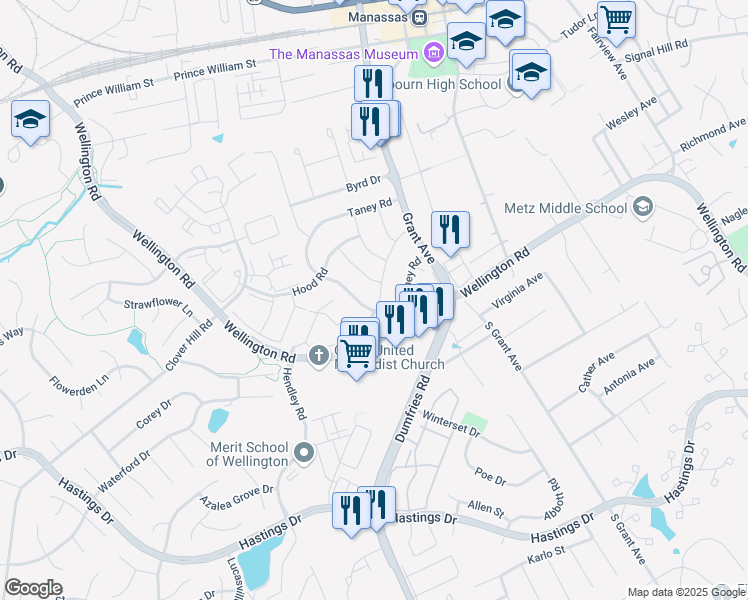 map of restaurants, bars, coffee shops, grocery stores, and more near 9860 Buckner Road in Manassas