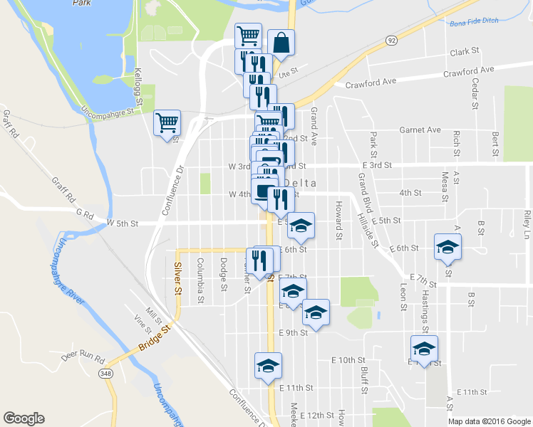 map of restaurants, bars, coffee shops, grocery stores, and more near 447 Main St in Delta
