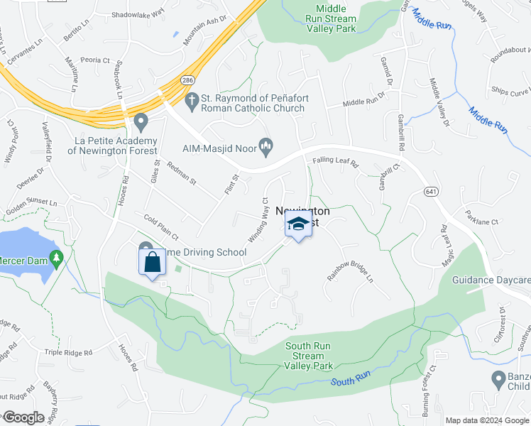 map of restaurants, bars, coffee shops, grocery stores, and more near 8072 Winding Way Court in Springfield
