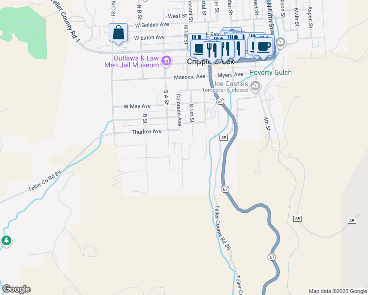 map of restaurants, bars, coffee shops, grocery stores, and more near 36 Whalen Avenue in Cripple Creek