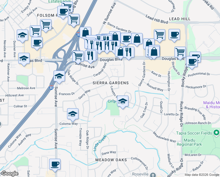 map of restaurants, bars, coffee shops, grocery stores, and more near 512 Mulberry Court in Roseville