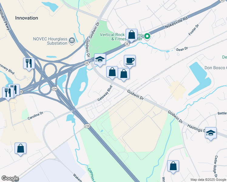 map of restaurants, bars, coffee shops, grocery stores, and more near 10419 Ratcliffe Trail in Manassas