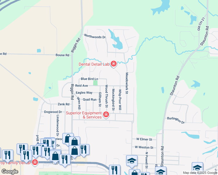map of restaurants, bars, coffee shops, grocery stores, and more near 533B Wood Thrush Street in Troy