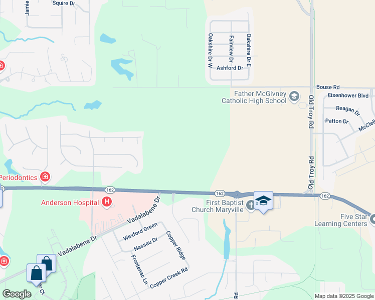 map of restaurants, bars, coffee shops, grocery stores, and more near 6955 Illinois 162 in Maryville