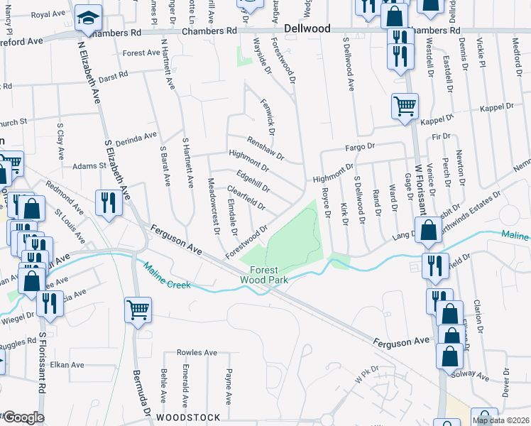 map of restaurants, bars, coffee shops, grocery stores, and more near 1015 Forestwood Drive in Ferguson