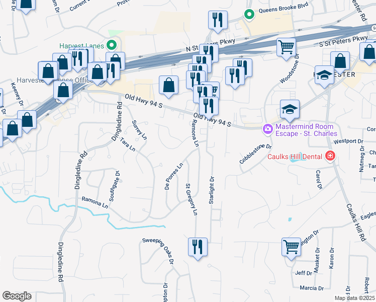 map of restaurants, bars, coffee shops, grocery stores, and more near 1443 Ramona Lane in Saint Charles