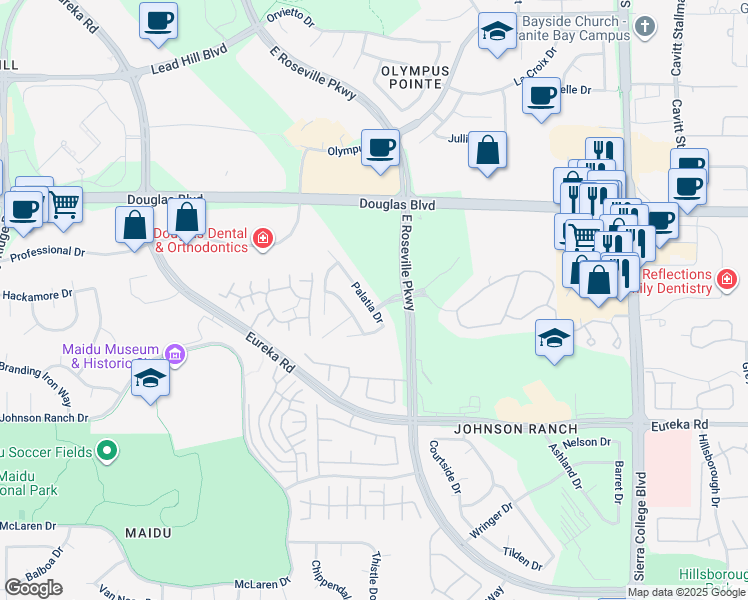 map of restaurants, bars, coffee shops, grocery stores, and more near 1636 Palatia Drive in Roseville