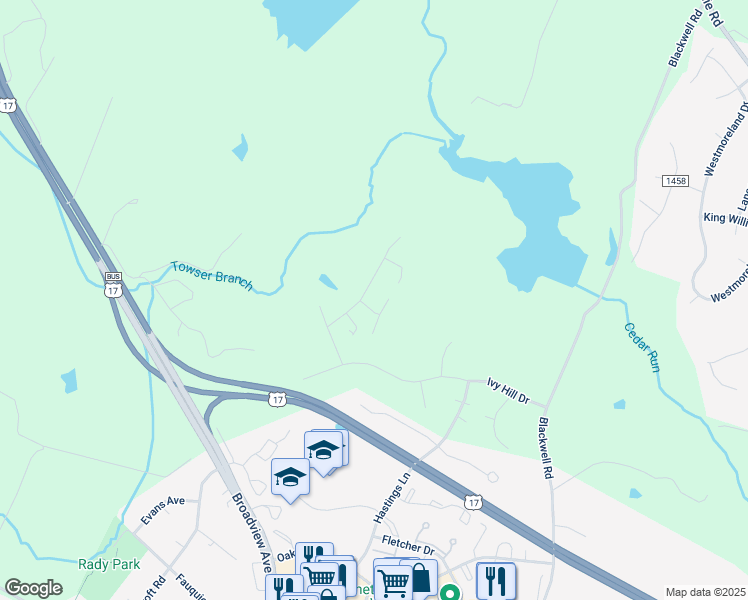 map of restaurants, bars, coffee shops, grocery stores, and more near 7094 Bramble Way in Warrenton