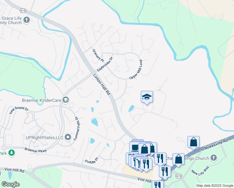 map of restaurants, bars, coffee shops, grocery stores, and more near 12173 Cheshire Court in Bristow