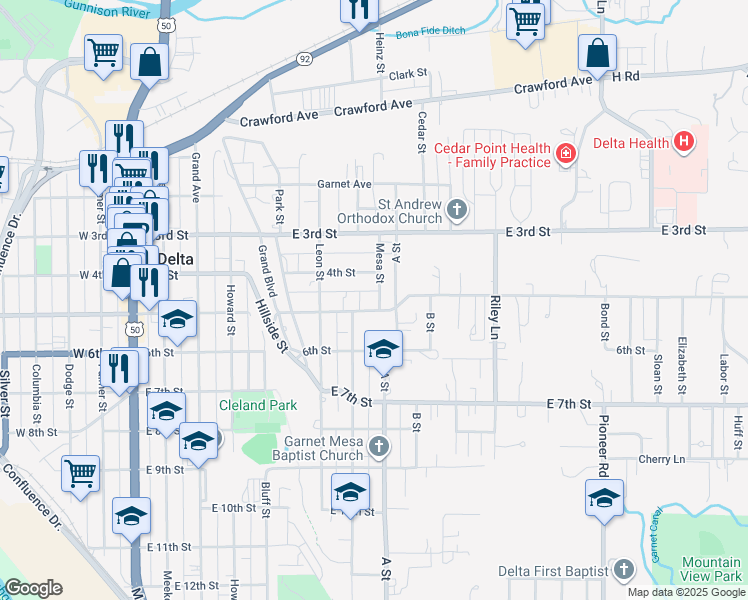 map of restaurants, bars, coffee shops, grocery stores, and more near 800 E 5th St in Delta