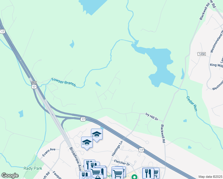 map of restaurants, bars, coffee shops, grocery stores, and more near 7094 Bramble Way in Warrenton