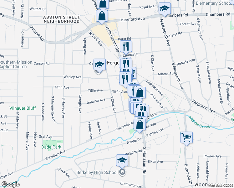 map of restaurants, bars, coffee shops, grocery stores, and more near 212 South Clark Avenue in Ferguson