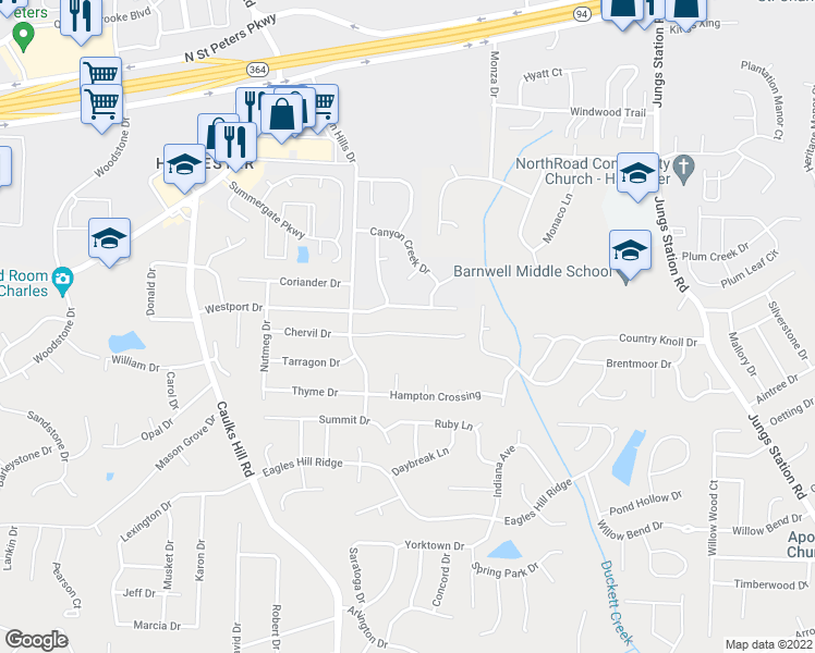 map of restaurants, bars, coffee shops, grocery stores, and more near 3536 Chervil Drive in Saint Charles