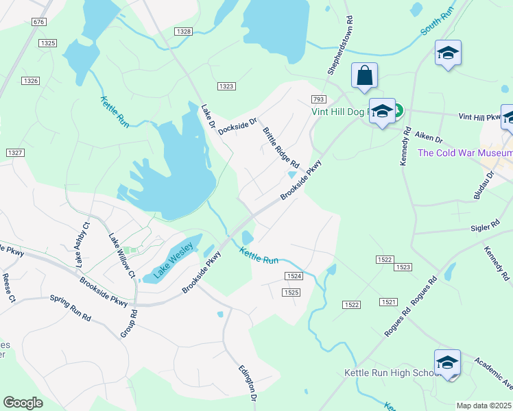 map of restaurants, bars, coffee shops, grocery stores, and more near 2223 Pump House Court in Warrenton