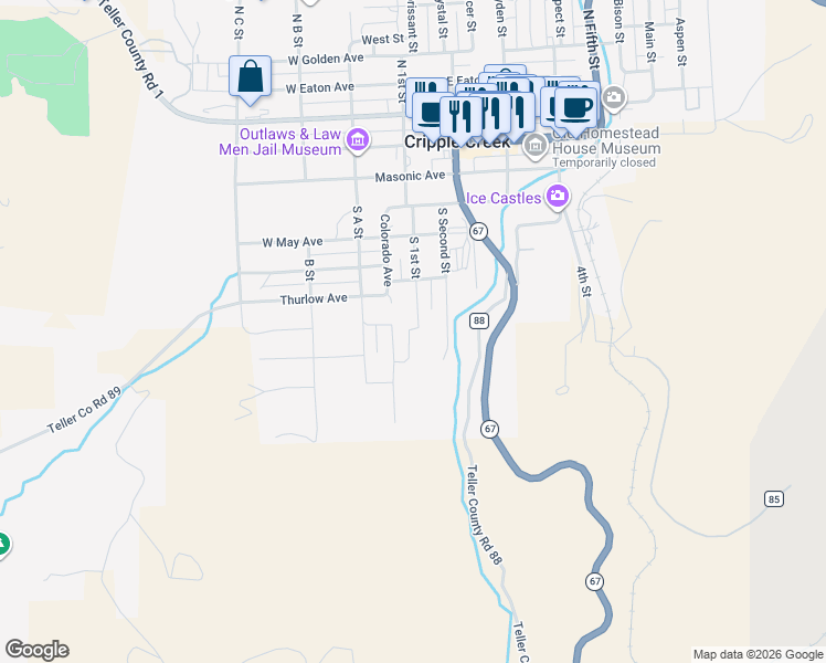 map of restaurants, bars, coffee shops, grocery stores, and more near 441 South 1st Street in Cripple Creek